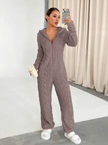 Flirla Women's Solid Color Plush Hooded Long Sleeve Deep V Sexy Jumpsuit (Random Cut)