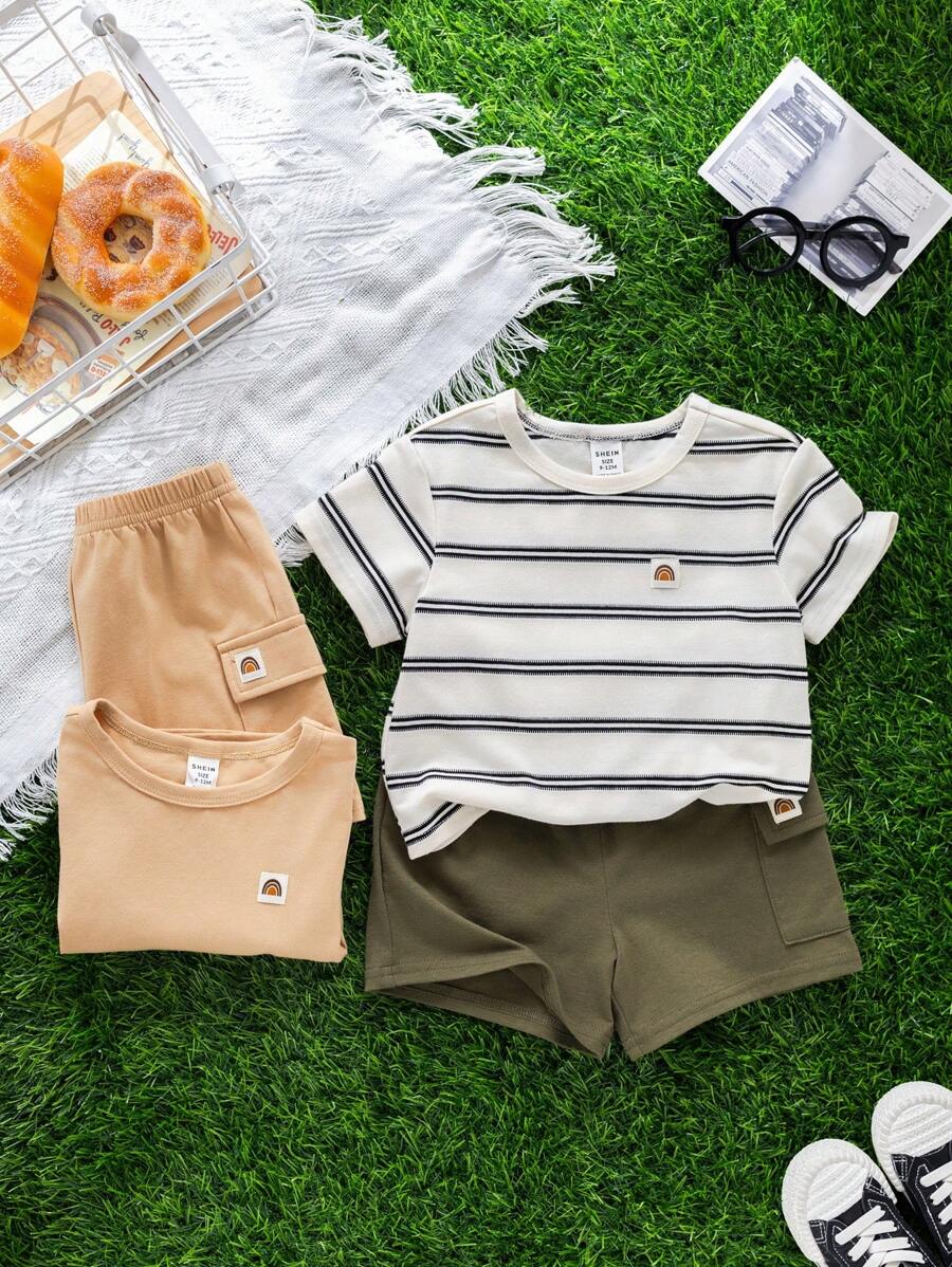 SHEIN 4 Stücke/Set buntes Baby Mädchen & Jungen Dekor-Text-Set aus Sommer Baumwoll-Strick mit Rundhalsausschnitt, Kurzarm, Drop-Shoulder und elastischer Taille Cargo Shorts, geeignet für Urlaub, Zuhause, Schule