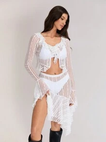 SHEIN Unity Conjunto de 2 peças: blusa e saia casual com babados e renda transparente - Branco - Ver 3