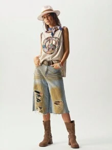 Bohemela BOHO 波西米亚风针织圆领宽松女式休闲背心，简约时尚，适合日常穿着 - 米色 - 查看 4