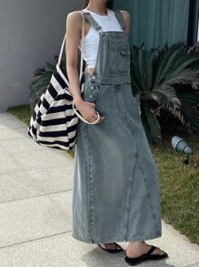 DAZY 女式宽肩带纽扣口袋休闲牛仔连衣裙 - 藍色 - 查看 5
