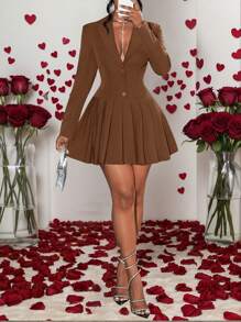 Slaydiva Women Solid Color Front Button Long Sleeve Minimalist Pleated Mini Shirt Dress - Brown - View 4
