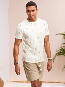 Manfinity VCAY 2pcs/Set Men Casual Loose Short Sleeve T-Shirt & Elastic Waistband Straight Hem Shorts Set - Apricot - View 3