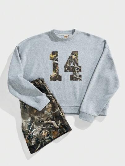 Forever 21 Men's Loose Branch Camouflage Digital Print Sweatshirt Plus Full-Print Camouflage Shorts Two-Piece Set, Popular Pattern