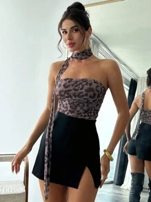 SHEIN Privé Elegant Leopard Print Mesh Scarf With Ruffle Trim Tight Bodysuit, Stylish For Vacation, Commuting, Back To School Season