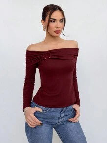 Aloruh Damen sexy und elegantes O-Ring Off-Shoulder Langarm Lässig figurbetontes burgunderrotes T-Shirt, Damen Burgunder Top, Damen sexy Top, Damen Winter Top in Burgunder - Weiss - Übersicht 1