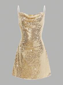 Fashionable Tween Girl Street Style Sequins Embroidered Strap Gold Contrast Sequin Dress, Perfect For Valentine's Day - Apricot - View 2