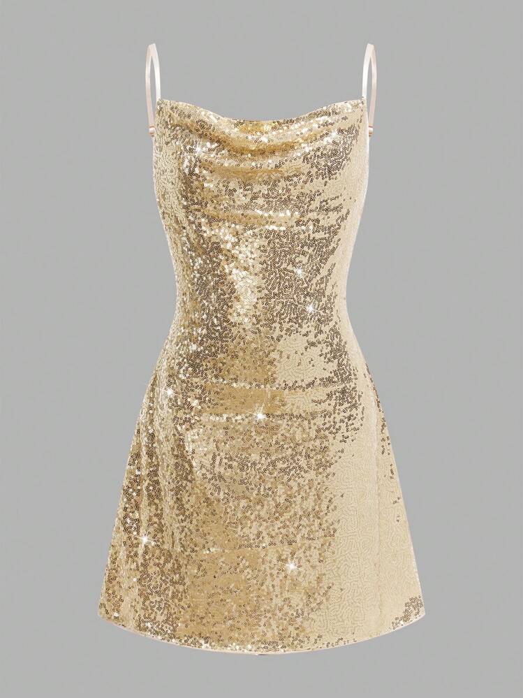 Fashionable Tween Girl Street Style Sequins Embroidered Strap Gold Contrast Sequin Dress, Perfect For Valentine's Day - Apricot - View 2