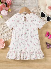 女婴可爱碎花编织睡袍，带荷叶边领子和下摆，长款家居服 - 彩色 - 查看 2