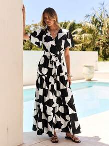 Vivid Eden Woven Geometric Print Short Sleeve Split Dress For Women,Vacation Outfits Woman, Beach Outfits For Woman, Vacation Style - Black and White - View 3