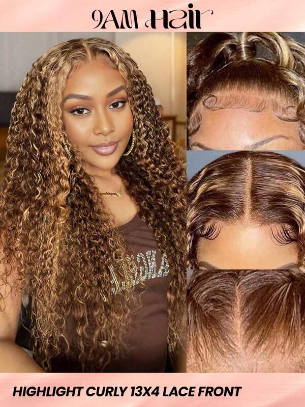 Highlight Piano Color Transparent Lace Curly 13 X 4 Lace Front Wig 150%-180% Density 26 Inch Human Hair Wigs For Women