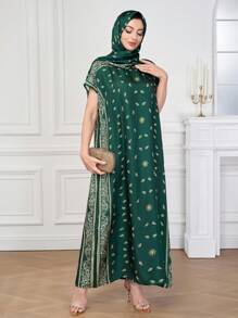 Al Najma Vestido con mangas murciélago con estampado floral de paisley al estilo árabe con pañuelo de hijab, vestidos largos modestos para mujeres