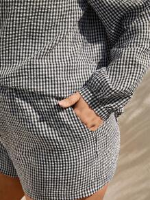 SHEIN VCAY 2 件套大码女式格子单排扣衬衫和短裤休闲装，秋季 - 黑與白 - 查看 7