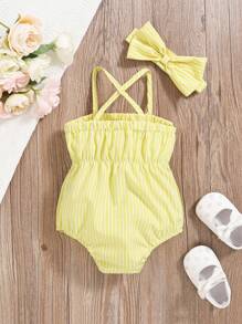 SHEIN Vintaside Kids 2 件套女婴时尚可爱条纹露肩连体衣和头带套装，夏日派对 - 黃色 - 查看 2