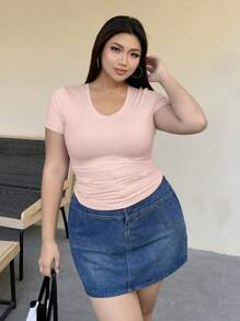 Dazy Petite Plus Solid Color Asymmetric Hem V-Neck Short Sleeve T-Shirt, Pink Top, Spring/Summer - Pink - View 5