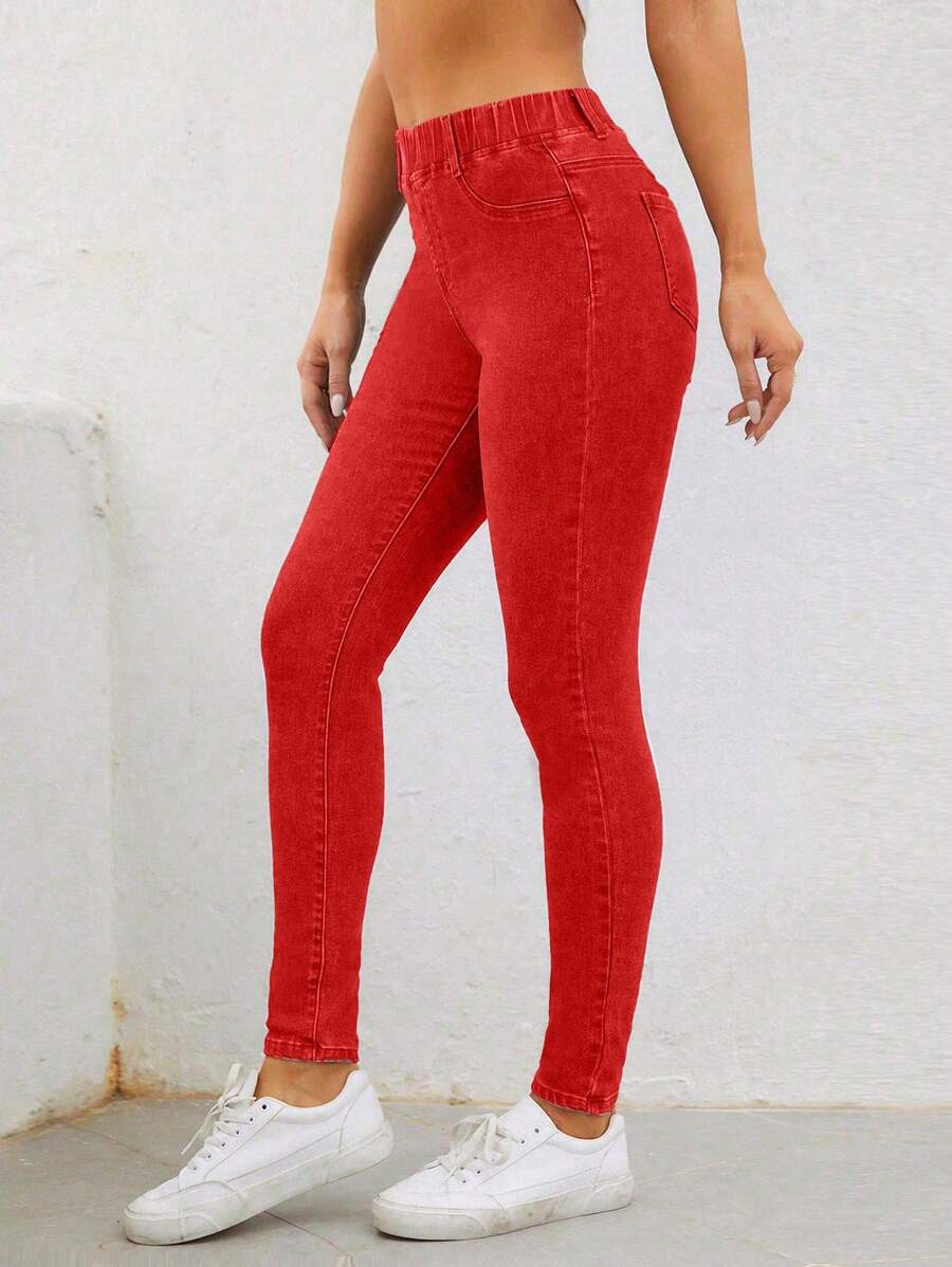 SHEIN Solid Color Casual Simple Fashion Jeans For Daily Wear - Red - View 1