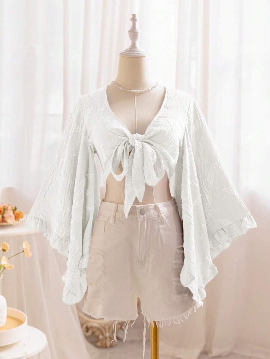 Soleia 女式波西米亚音乐节棕色柳叶纹理纽扣前系带荷叶边喇叭袖衬衫 - 米色 - 查看 1