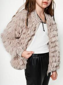 1set Tween Girls Fluffy Zipper Front Baseball Jacket And Pants Set, Autumn/Winter - Khaki - View 7