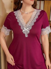 PalaceNights 大码女式休闲撞色蕾丝 V 领不对称下摆睡袍