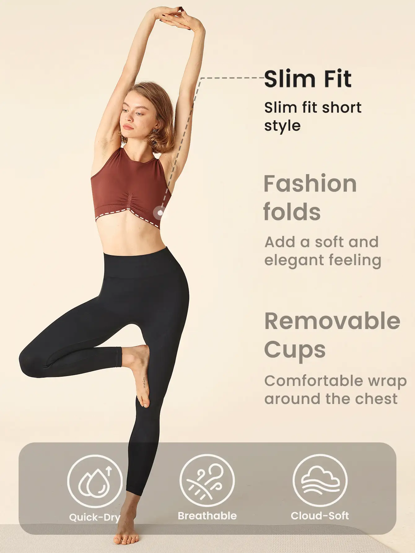 Lifespree 纯色无缝短款高弹力运动瑜伽背心 - 棕色 - 查看 5