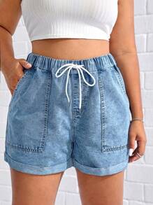 SHEIN EZwear 大码系带前口袋休闲牛仔短裤，日常穿着 - 淺色水洗藍 - 查看 5