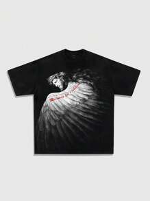 ROMWE MEN Street Life 男士哥特式圆领短袖图案印花休闲上衣，适合日常穿着，万圣节 - 黑色 - 查看 3