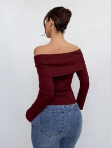 Aloruh Damen sexy und elegantes O-Ring Off-Shoulder Langarm Lässig figurbetontes burgunderrotes T-Shirt, Damen Burgunder Top, Damen sexy Top, Damen Winter Top in Burgunder - Weiss - Übersicht 2