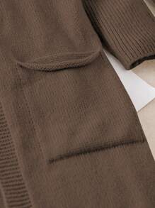 Tween Girl 1pc Dual Pocket Hooded Duster Cardigan - Brown - View 4