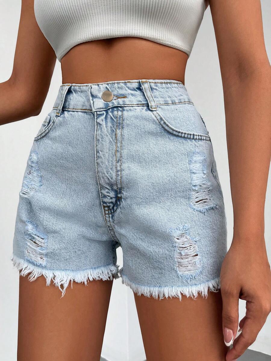EURMUSE 100%Cotton Ripped Raw Hem Denim Shorts - Light Wash - View 1