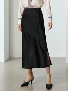 EastFlair Falda midi recta y casual con abertura, minimalista y de moda para el día a día para mujer