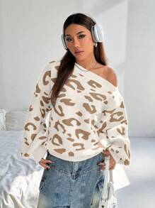 Flirla 宽松休闲百搭豹纹露肩性感针织套头衫，适合秋冬季穿着 - 彩色 - 查看 3
