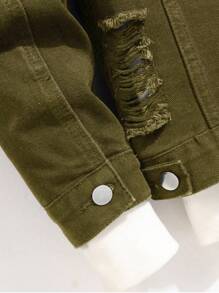 Manfinity Roughcore Men's Autumn Long Sleeve Ripped Single-Breasted Casual Denim Jacket - Dark Green - View 4