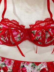 مجموعة ملابس داخلية نسائية رومانسية مكونة من 2 قطع (صدرية وسروال) مع رسومات زهرية وأسلوب ربطة دافئة للاحتفال بعيد الحب - الأسود - مشاهدة 4