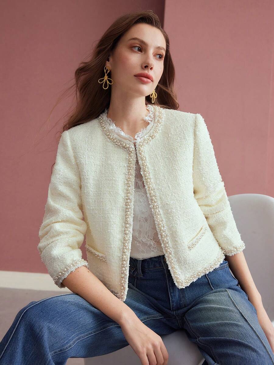 MOTF PREMIUM 斜纹布撞色仿珍珠包边外套 - 杏色 - 查看 1