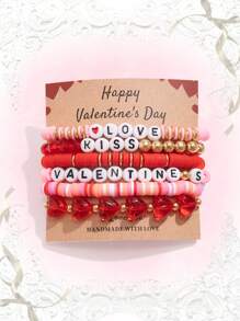 ROMWE Kawaii 6pcs/Set Romantic Heart Shaped Beaded Bracelets, Valentine's Day Gift For Women,Mom,Mother,Mother's Day,Gift