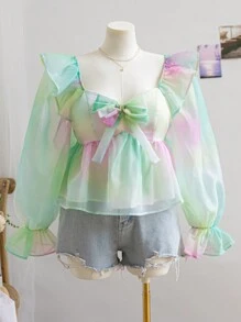 Soleia Women Plus Size Gradient Organza Tie Bow Ruffle Decor A-Line Flare Sleeve Blouse, Spring - Multicolor - View 1