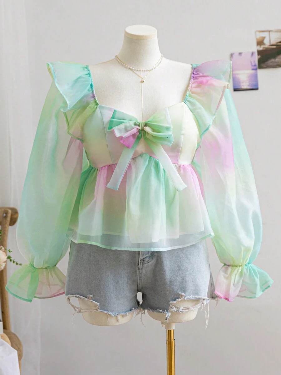 Soleia Women Plus Size Gradient Organza Tie Bow Ruffle Decor A-Line Flare Sleeve Blouse, Spring - Multicolor - View 1