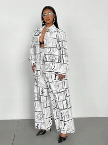 Maweii 2pcs Plus Size Front Tie Long Sleeve Allover Print Top And Long Pants Set - White - View 6