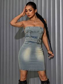 SHEIN SXY Summer New Fashion Retro Halter Denim Dress, Stylish Design, Waist-Defined Slim Fit, Flattering And Age-Reducing Blue Denim Dress - Blue - View 1