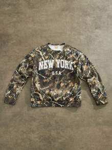Forever 21 Herren lässiger minimalistischer Sweatshirt mit New York Buchstaben- und Baumzweig Tarnmuster, weiter Ausschnitt - Verschiedenfarbig - Übersicht 1