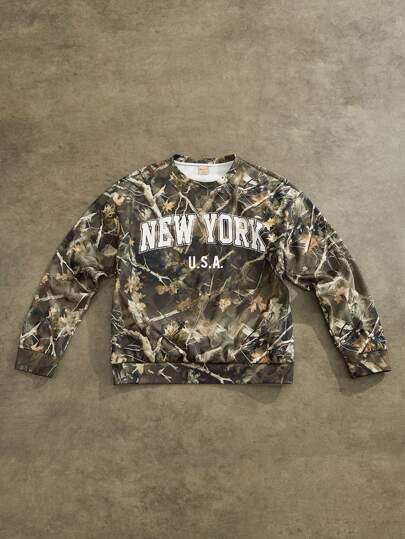 Forever 21 Men's Casual Minimalist New York Letter & Tree Branch Camouflage Print Wide-Neck Loose Sweatshirt