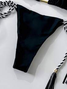 SHEIN Swim Summer Solid Color Simple Triangle Cup Black & White Woven Tie Tassel Two-Piece Bikini Set - Black - View 4