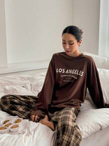 DAZY 2pcs Casual Letter Print Loose Top & Plaid Straight Pajama Pants Loungewear Set - Coffee Brown - View 6
