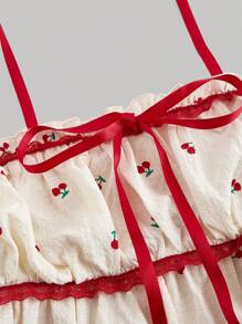 SHEIN MOD 女士樱桃褶皱蝴蝶结上衣，蝴蝶结细节，修身，可爱，适合外出穿着，哥特风，Y2K风格，仙女风，复古风，优雅上衣，情人节，度假风，夏季，复古风，度假上衣，夏季，吊带背心，休闲上衣，波西米亚风上衣，沙滩上衣，蝴蝶结上衣 - 彩色 - 查看 3