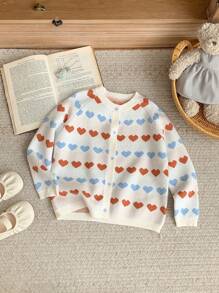 SHEIN Young Girls Loose Knit Heart Pattern Cardigan, White, Casual Spring/Summer - White - View 1