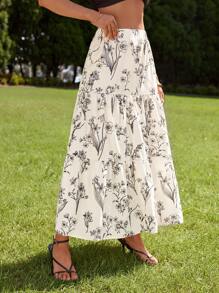 SHEIN VCAY Resort Style High Waist Loose Fit Botanical Printed Multi-Layered Ruffled Ruffle Hem Women Skirts - Black and White - View 5