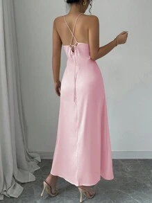 Elenzga 优雅吊带 3D 花卉腰部收腰长款缎面连衣裙 - 粉色 - 查看 2