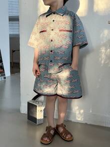 DAZY Set de 2 piezas: Camisa con botones de manga corta con estampado floral y pantalón corto para niño pequeño