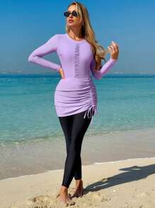 Swim Mulvari 2025 Middle East Style Women's 3-Piece Modest Swimwear Set - Ruched Long Sleeve Top, Pants, And Cover Up Skirt - Burkini Swimsuit Set, For Summer Beach VacationArabic Clothing - Purple - View 1