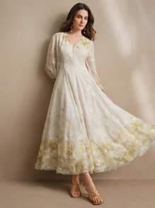 Anewsta 女士 V 领优雅花卉印花长袖连衣裙，春季服装 - 彩色 - 查看 3